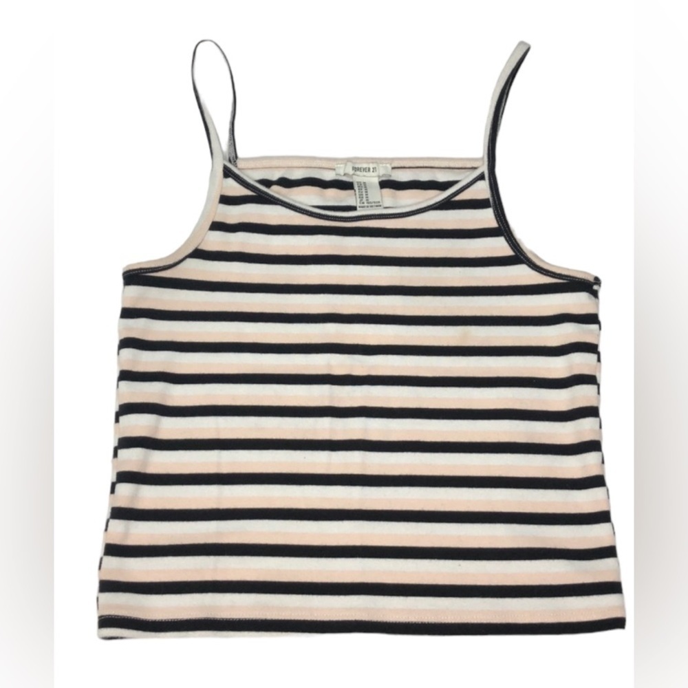 Forever 21 Striped Crop Tank Top Sleeveless Casual Basic Black Pink M‎